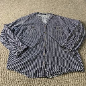 Cotton Express Womens Blouse Shirt Size XL Blue Striped Button‎ Up Long Sleeves